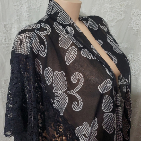 MIXIT Kimono Duster Wrap BLACK & WHITE FLORAL Lace Checkered WOMEN'S ONE SIZE OS - Picture 5 of 7